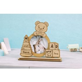   Egyedileg gravírozott fotótartó keret -Maci– újszülött fotókhoz