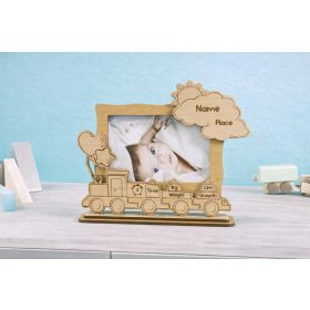   Egyedileg gravírozott fotótartó keret -Vonat– újszülött fotókhoz